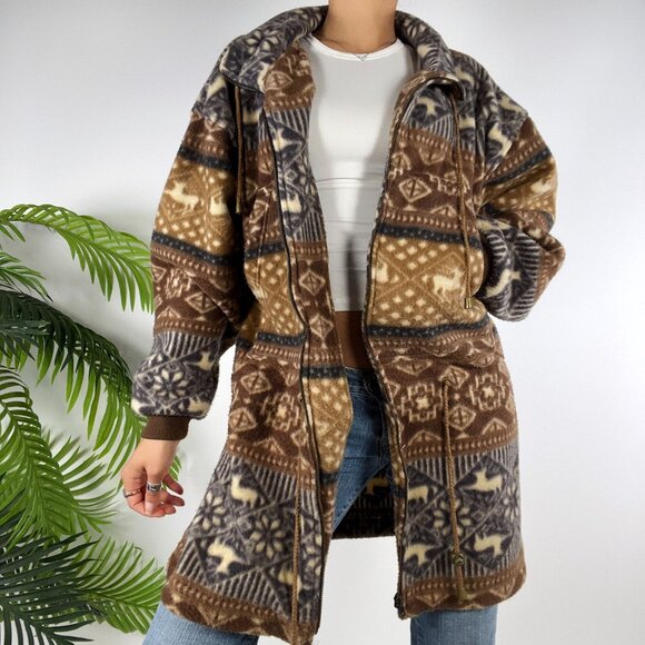 Womens Vintage 90s Brown Aztec Fleece Bohemian Western Zip-Up Jacket / Small - Picture 1 of 7